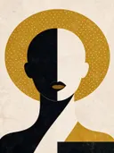 Vrouw voor een cirkel in mosterdgeel, mid-century modern schilderij