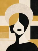 Vrouw voor een cirkel in mosterdgeel, mid-century modern schilderij