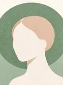 Vrouw voor een cirkel in saliegroen, mid-century modern schilderij