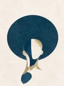 Vrouw voor een cirkel in stormblauw, mid-century modern schilderij