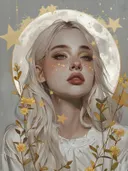 Portret van een vrouw met gouden bloemen en maan op de achtergrond