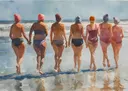 Aquarelschilderij van zeven vrouwen in zwemkleding die samen de zee in lopen