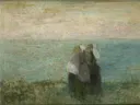 Vrouwen aan zee van Jan Toorop: figuren met vrouwen, zee, duinen en strand, in zacht groen en blauw
