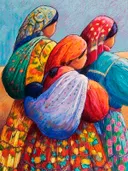 Schilderij van vrouwen in kleurrijke sjaals