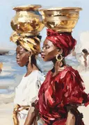 Twee vrouwen dragen gouden kruiken op het hoofd langs zee