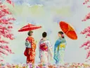 Schilderij van vrouwen onder rode parasols bij kersenbloesem