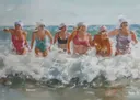 Aquarelschilderij van vrouwen in zwemkleding die vrolijk door de golven rennen