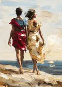 Twee vrouwen lopen over het strand bij zonsondergang