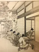 Groep vrouwen in kimono geknield op tatami, bezig met handwerk bij schuifdeuren.