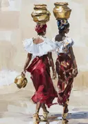Twee vrouwen van achteren met gouden kruiken op het hoofd