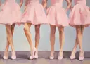 Schilderij van de benen van meerdere vrouwen in roze jurken en witte hakken