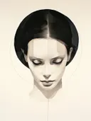 Frontaal portret van een vrouw met gesloten ogen en een cirkelvormige contourlijn om het hoofd.