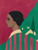 Vrouwenportret bij de gevel in framboos en jade, landschap schilderij