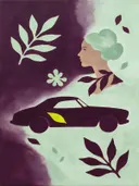 Vrouwenprofiel bij de auto in aubergine en mint, stilleven schilderij