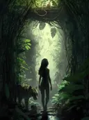 Vrouwensilhouet in de jungle, dieren schilderij
