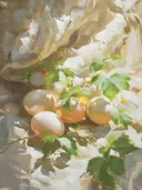 Schilderij van vruchten aan een tak in zonlicht