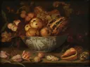 Vruchtenstilleven van Balthasar van der Ast: stilleven met fruit, appels, schaal en schelpen, in donker met oranje