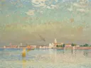 (Vue de murano venise d6358336125436) van Emile Claus: zee met lagune, zeilboten, water en stad, in blauw en okergeel