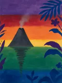 Schilderij van vulkaan in alle kleuren van de regenboog, in vlakke kleurvlakken