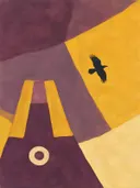 Schilderij van vulkaan in pruim en mosterd, in vlakke kleurvlakken