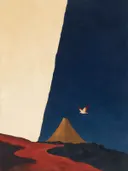 Schilderij van vulkaan in vermiljoen en indigo, in vlakke kleurvlakken