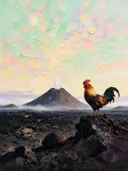 Vulkaan in warm het vergezicht in de mist, schilderij van vulkaan