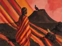 Schilderij van vulkaan in warme kleuren bij elkaar, in vlakke kleurvlakken