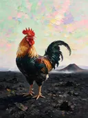 Vulkaan in zacht het vergezicht in de mist, schilderij van vulkaan