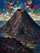 Vulkaan met lavastroom onder een bonte lucht, landschap schilderij