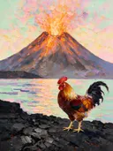 Vulkaan van dichtbij aan het water in diep terracotta, schilderij van vulkaan van dichtbij aan het water, met het paletmes...