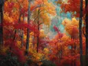 Schilderij van een rood herfstbos met mistige achtergrond