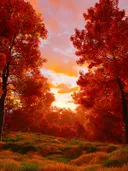 Bos met felrode herfstbladeren rond een gloeiende zonsondergang.