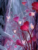 Schilderij van gloeiende rode bloemen met vlinders in een ijzig winterwoud