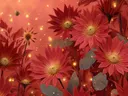Schilderij van rode chrysanten in een gloeiende avondlucht