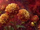 Schilderij van gele en rode dahlia's tegen een rode betoverde achtergrond