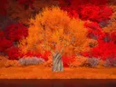 Kunstwerk van een boom met oranje bladeren omringd door felrode struiken en gras.