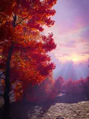 Rode herfstboom met zonlicht dat door de takken schijnt bij zonsondergang