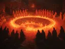 Schilderij van een menigte rond een grote vlammende kaarsenkring in rood-oranje licht