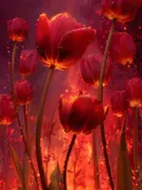 Schilderij van rode tulpen met dauwdruppels in vurig rood licht