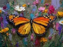 Schilderij van een rood-oranje vlinder met grote vleugels tussen kleurrijke bloemen