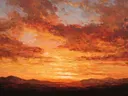 Schilderij van een vurige wolkenlucht boven heuvels bij zonsondergang