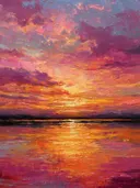 Landschapsschilderij van een vurige zonsondergang weerspiegeld in water