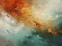 Abstract schilderij met oranje en turquoise wolkvormen