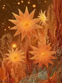 Schilderij van oranje vuurbloemen tegen een sterrenhemel