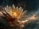 Schilderij van een gouden lotusbloem met vuurgloed in een nevel.