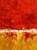 Abstract schilderij met het paletmes in vuurrood en goud