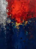 Abstract schilderij met het paletmes in vuurrood en indigo