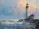 Vuurtoren aan de kust in pasteltinten, landschap schilderij