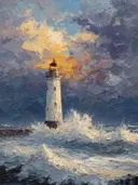 Schilderij van vuurtoren met gouden lichtstraal en opspattende golven