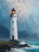 Schilderij van witte vuurtoren tegen stormachtige lucht met bergen